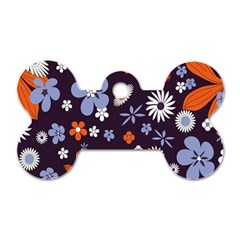 Bright Colorful Busy Large Retro Floral Flowers Pattern Wallpaper Background Dog Tag Bone (One Side)