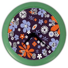 Bright Colorful Busy Large Retro Floral Flowers Pattern Wallpaper Background Color Wall Clocks by Nexatart