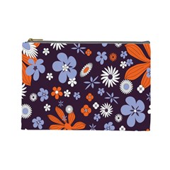 Bright Colorful Busy Large Retro Floral Flowers Pattern Wallpaper Background Cosmetic Bag (Large) 