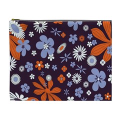 Bright Colorful Busy Large Retro Floral Flowers Pattern Wallpaper Background Cosmetic Bag (XL)