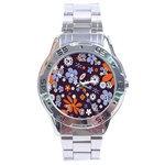 Bright Colorful Busy Large Retro Floral Flowers Pattern Wallpaper Background Stainless Steel Analogue Watch Front