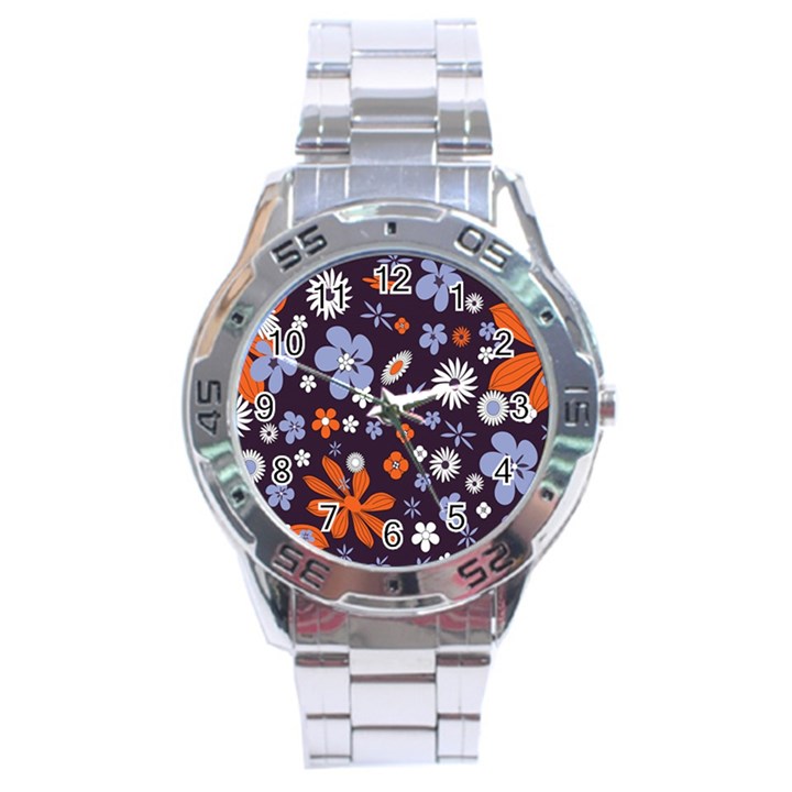 Bright Colorful Busy Large Retro Floral Flowers Pattern Wallpaper Background Stainless Steel Analogue Watch