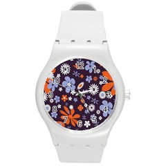 Bright Colorful Busy Large Retro Floral Flowers Pattern Wallpaper Background Round Plastic Sport Watch (M)