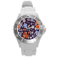 Bright Colorful Busy Large Retro Floral Flowers Pattern Wallpaper Background Round Plastic Sport Watch (L)