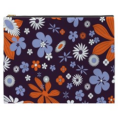 Bright Colorful Busy Large Retro Floral Flowers Pattern Wallpaper Background Cosmetic Bag (XXXL) 