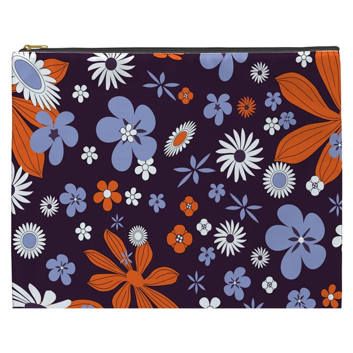 Bright Colorful Busy Large Retro Floral Flowers Pattern Wallpaper Background Cosmetic Bag (XXXL) 