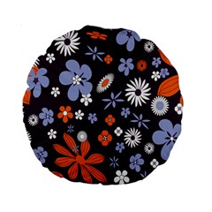 Bright Colorful Busy Large Retro Floral Flowers Pattern Wallpaper Background Standard 15  Premium Round Cushions
