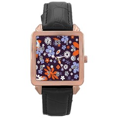Bright Colorful Busy Large Retro Floral Flowers Pattern Wallpaper Background Rose Gold Leather Watch 