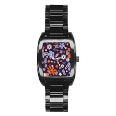 Bright Colorful Busy Large Retro Floral Flowers Pattern Wallpaper Background Stainless Steel Barrel Watch