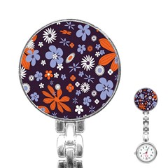Bright Colorful Busy Large Retro Floral Flowers Pattern Wallpaper Background Stainless Steel Nurses Watch