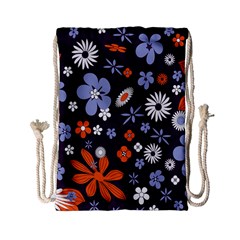 Bright Colorful Busy Large Retro Floral Flowers Pattern Wallpaper Background Drawstring Bag (Small)