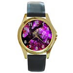 Pink Abstract Tree Round Gold Metal Watch Front