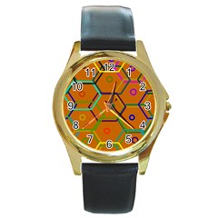 Color Bee Hive Color Bee Hive Pattern Round Gold Metal Watch by Nexatart