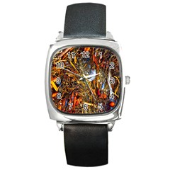 Abstract In Orange Sealife Background Abstract Of Ocean Beach Seaweed And Sand With A White Feather Square Metal Watch by Nexatart