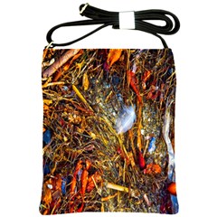 Abstract In Orange Sealife Background Abstract Of Ocean Beach Seaweed And Sand With A White Feather Shoulder Sling Bags by Nexatart