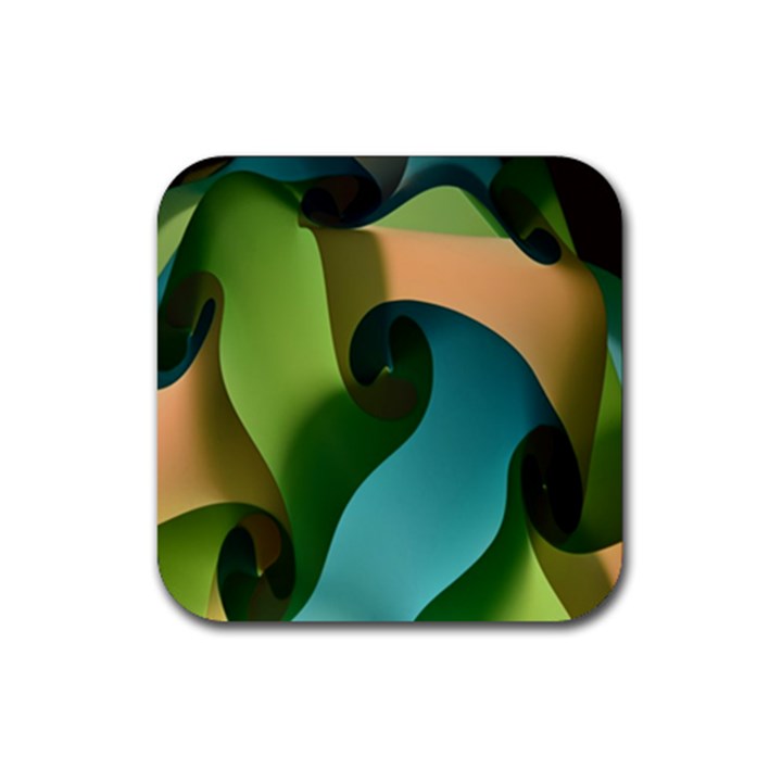 Ribbons Of Blue Aqua Green And Orange Woven Into A Curved Shape Form This Background Rubber Coaster (Square) 