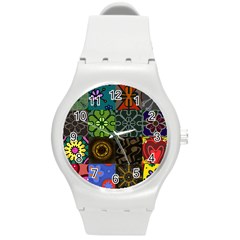 Digitally Created Abstract Patchwork Collage Pattern Round Plastic Sport Watch (m) by Nexatart