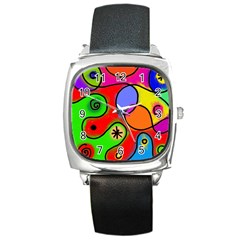 Digitally Painted Patchwork Shapes With Bold Colours Square Metal Watch