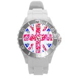 British Flag Abstract British Union Jack Flag In Abstract Design With Flowers Round Plastic Sport Watch (L) Front