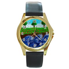 Beaded Landscape Textured Abstract Landscape With Sea Waves In The Foreground And Trees In The Background Round Gold Metal Watch by Nexatart