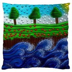 Beaded Landscape Textured Abstract Landscape With Sea Waves In The Foreground And Trees In The Background Large Flano Cushion Case (one Side) by Nexatart