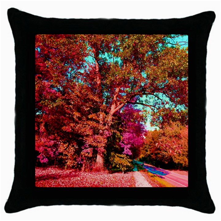 Abstract Fall Trees Saturated With Orange Pink And Turquoise Throw Pillow Case (Black)