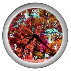 Abstract Fall Trees Saturated With Orange Pink And Turquoise Wall Clocks (silver)  by Nexatart