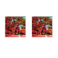 Abstract Fall Trees Saturated With Orange Pink And Turquoise Cufflinks (square) by Nexatart