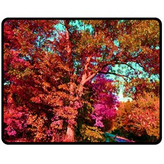 Abstract Fall Trees Saturated With Orange Pink And Turquoise Double Sided Fleece Blanket (medium) 