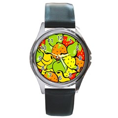 Digitally Created Funky Fruit Wallpaper Round Metal Watch by Nexatart