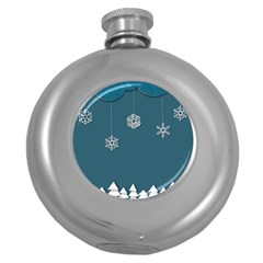 Blue Snowflakes Christmas Trees Round Hip Flask (5 Oz)