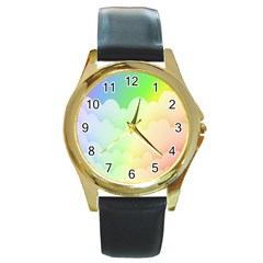 Cloud Blue Sky Rainbow Pink Yellow Green Red White Wave Round Gold Metal Watch by Mariart