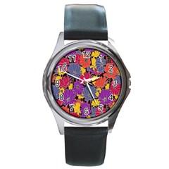 Colorful Floral Pattern Background Round Metal Watch by Nexatart