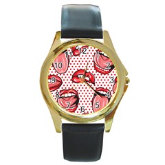 Lipstick Lip Red Polka Dot Circle Round Gold Metal Watch