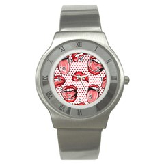 Lipstick Lip Red Polka Dot Circle Stainless Steel Watch