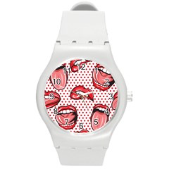 Lipstick Lip Red Polka Dot Circle Round Plastic Sport Watch (M)