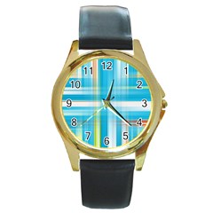 Lines Blue Stripes Round Gold Metal Watch by Mariart