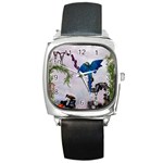 Wonderful Blue Parrot In A Fantasy World Square Metal Watch Front
