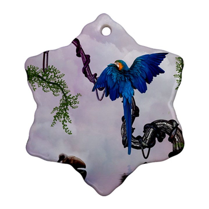 Wonderful Blue Parrot In A Fantasy World Snowflake Ornament (Two Sides)