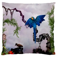 Wonderful Blue Parrot In A Fantasy World Large Flano Cushion Case (two Sides) by FantasyWorld7