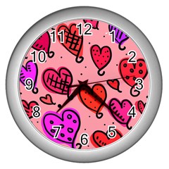 Valentine Wallpaper Whimsical Cartoon Pink Love Heart Wallpaper Design Wall Clocks (silver)  by Nexatart