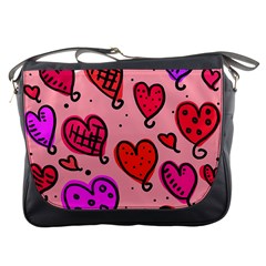 Valentine Wallpaper Whimsical Cartoon Pink Love Heart Wallpaper Design Messenger Bags by Nexatart