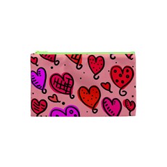 Valentine Wallpaper Whimsical Cartoon Pink Love Heart Wallpaper Design Cosmetic Bag (xs) by Nexatart
