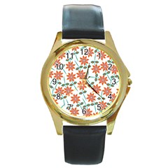 Floral Seamless Pattern Vector Round Gold Metal Watch