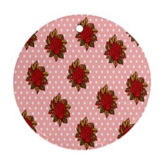 Pink Polka Dot Background With Red Roses Ornament (round) by Nexatart