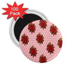 Pink Polka Dot Background With Red Roses 2 25  Magnets (100 Pack)  by Nexatart