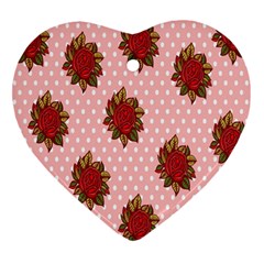 Pink Polka Dot Background With Red Roses Heart Ornament (two Sides) by Nexatart