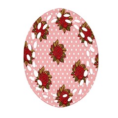 Pink Polka Dot Background With Red Roses Ornament (oval Filigree) by Nexatart