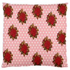 Pink Polka Dot Background With Red Roses Large Cushion Case (two Sides) by Nexatart