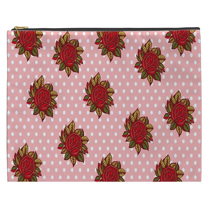 Pink Polka Dot Background With Red Roses Cosmetic Bag (XXXL) 